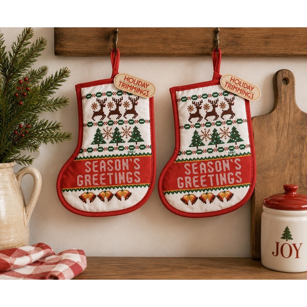 Vtg Holiday Trimmings Christmas Stocking Pot Holders Set of 2 Reindeer Trees NWT